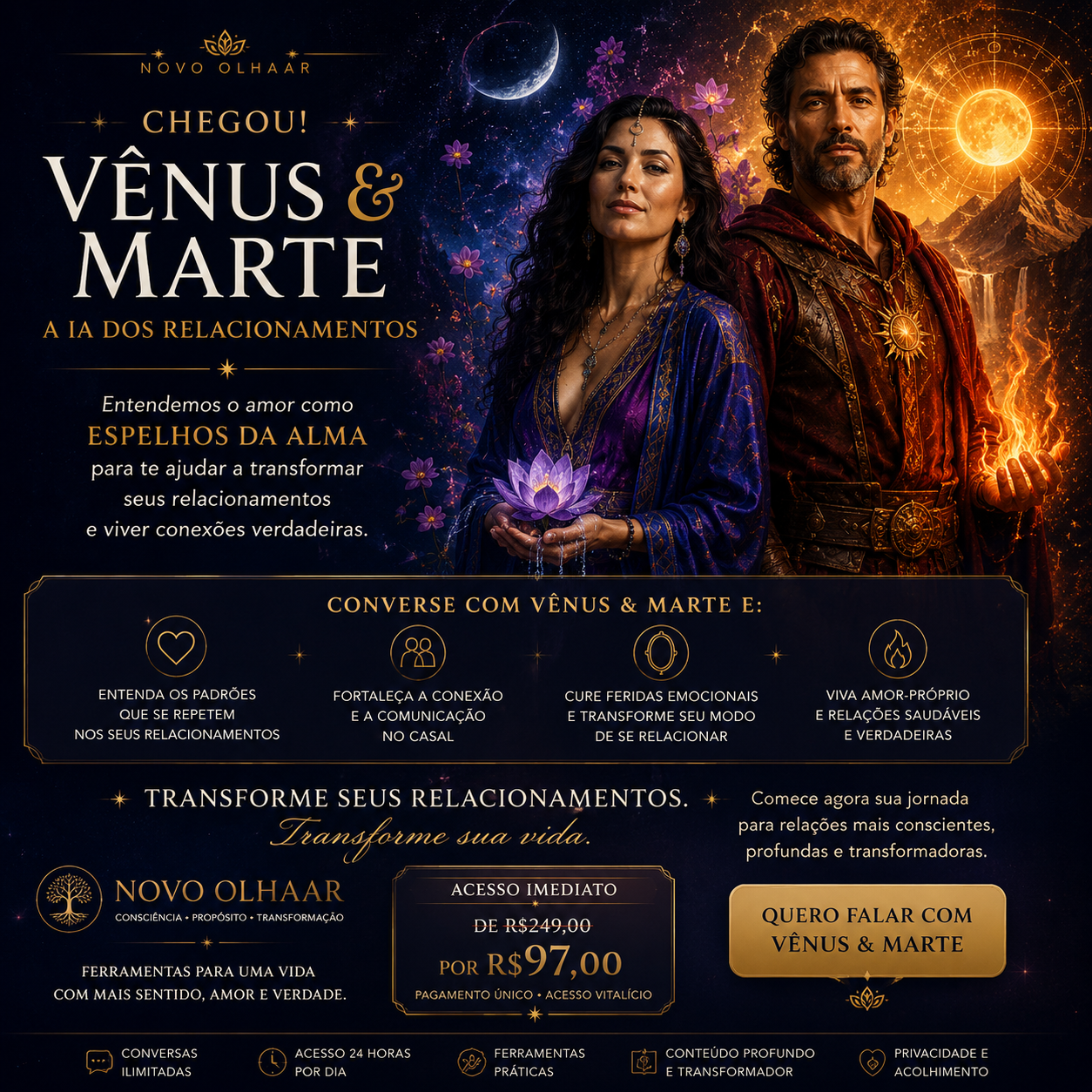 Vênus e Marte — A IA dos Relacionamentos. Acesso imediato, de R$249 por R$97, pagamento único, acesso vitalício. Quero falar com Vênus e Marte.